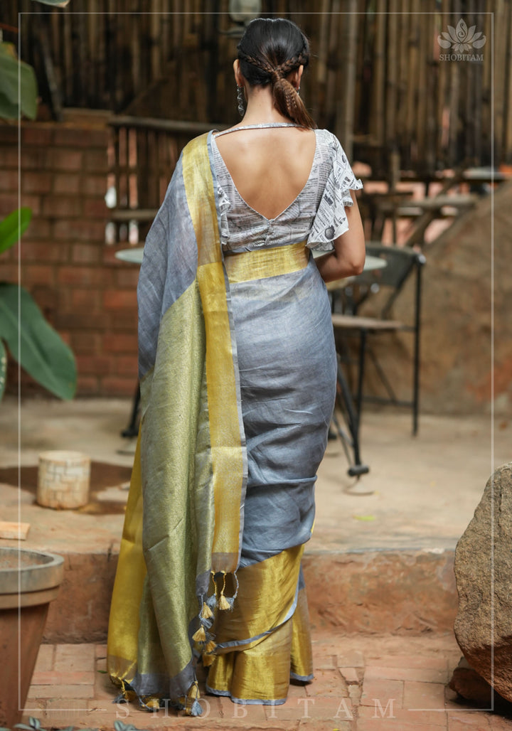 Gray Linen Saree with Wide Border
