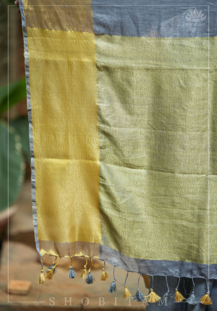 Gray Linen Saree with Wide Border