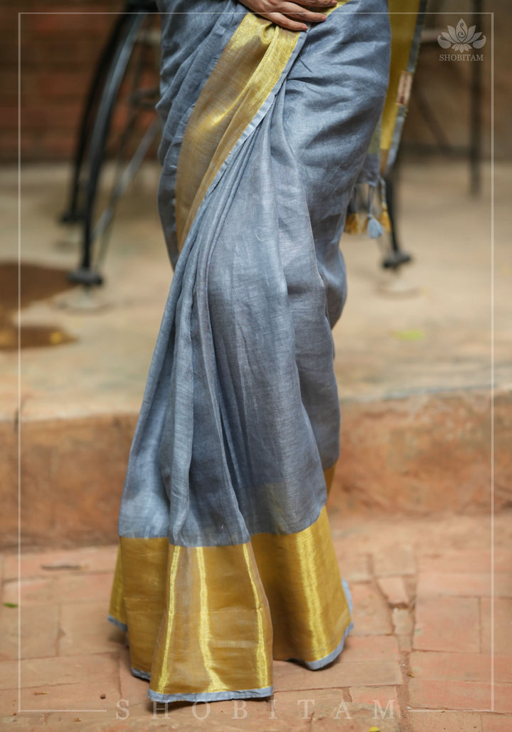 Gray Linen Saree with Wide Border