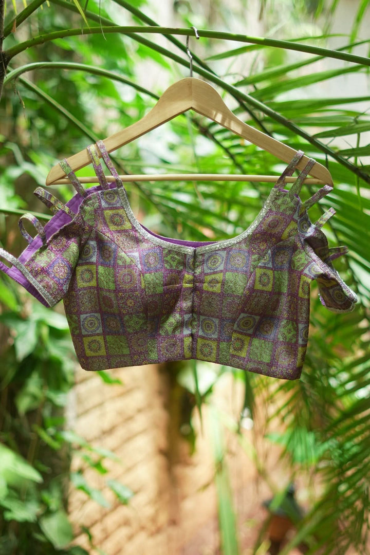 Multicolor Printed Blouse on Lavender Base with multi-strapped sleeves