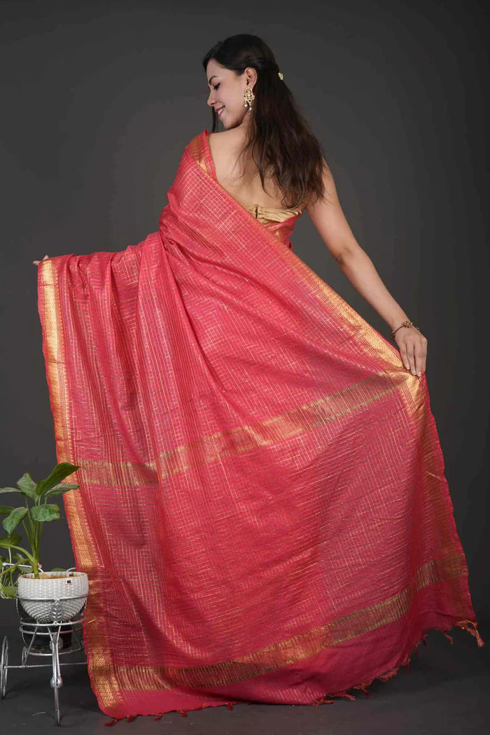 Red Bhagalpuri Silk with All Over Checks Weaving & Tassle on Pallu Ready To Wear Saree