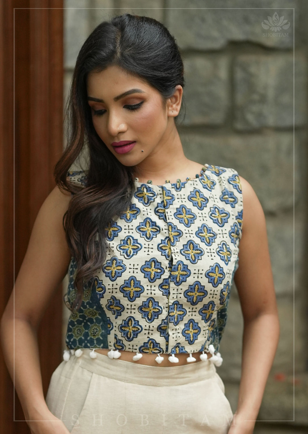 Indigo Crop Top with 2 fabric Hand Block Print on Pure Cotton with Pompom and potli button detailing