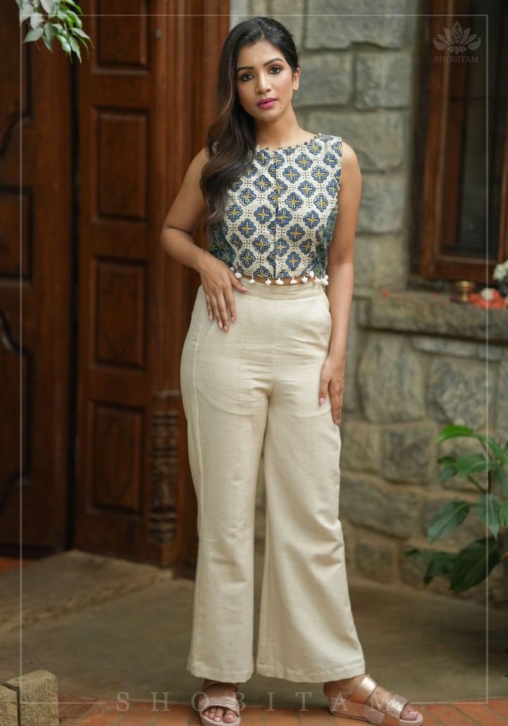 Wide leg Hazel pants in Beige Pure Cotton | SHOBITAM