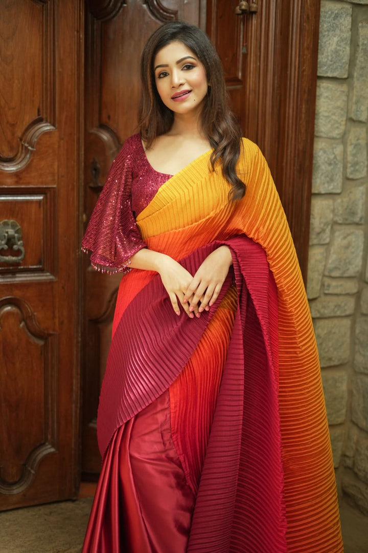 Ombre Pleated Satin saree in Yellow, Orange and Red Gradient, No Blouse Piece