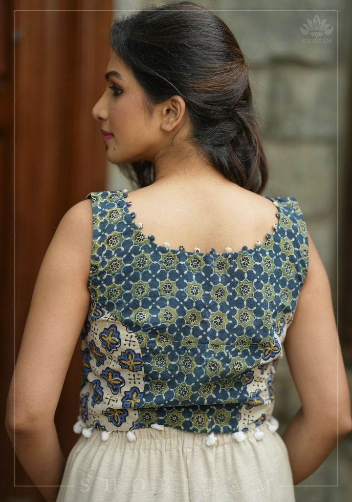 Indigo Crop Top with 2 fabric Hand Block Print on Pure Cotton with Pompom and potli button detailing