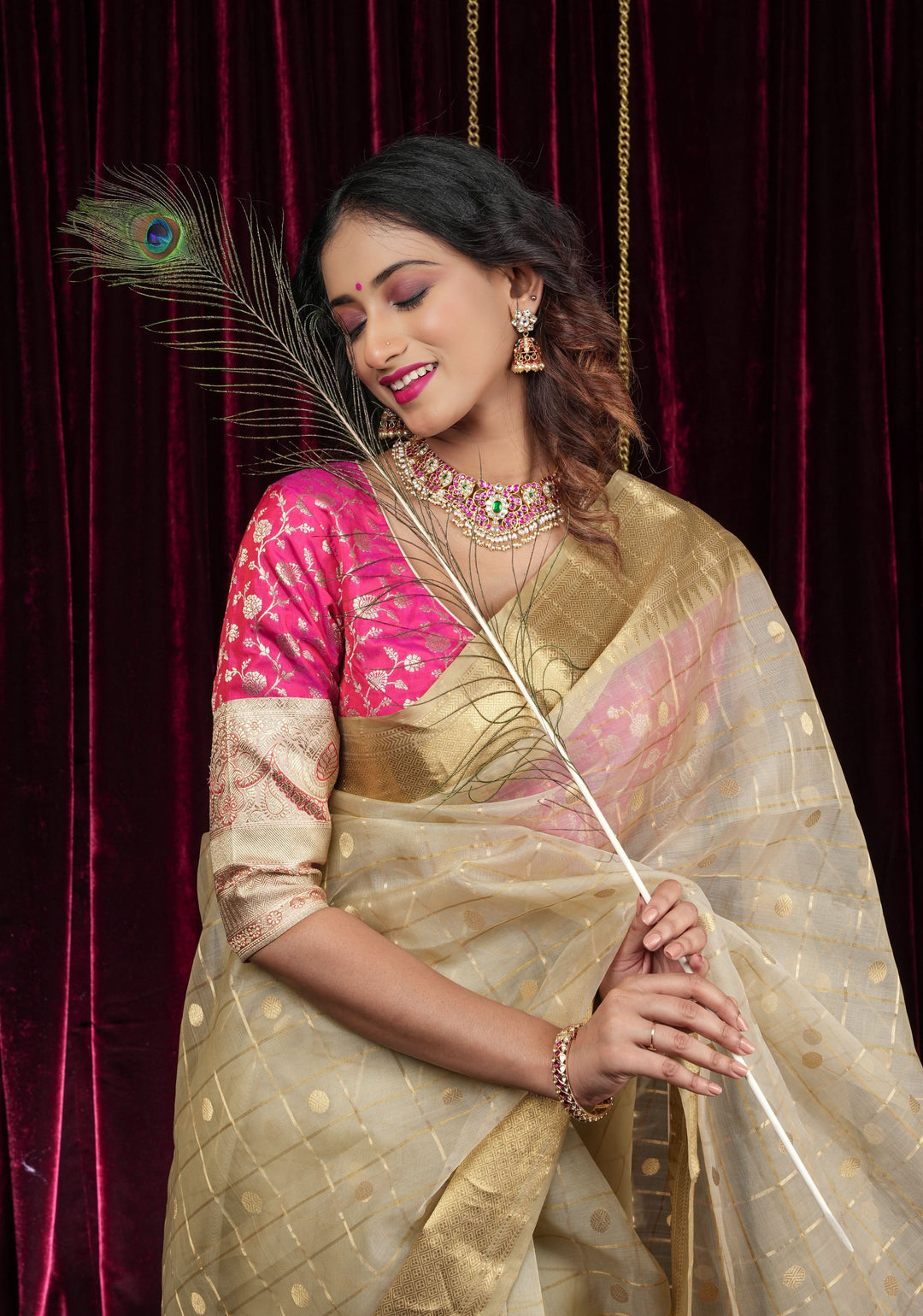 Ivory and Gold Chanderi Silk Saree with Zari checks and Buttas