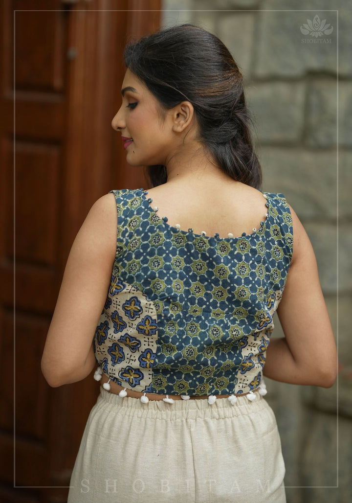 Indigo Crop Top with 2 fabric Hand Block Print on Pure Cotton with Pompom and potli button detailing