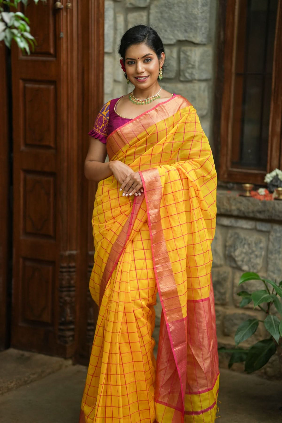Handwoven Maheshwari Silk Cotton Saree  in Yellow and Gold with checks