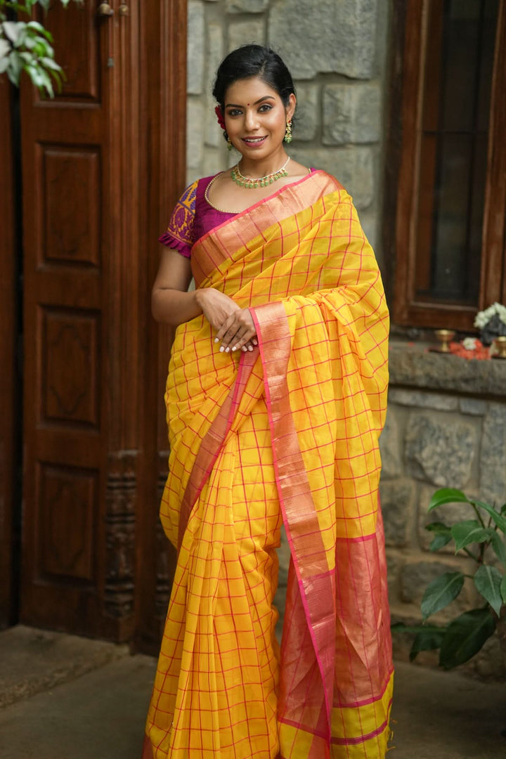 Handwoven Maheshwari Silk Cotton Saree  in Yellow and Gold with checks