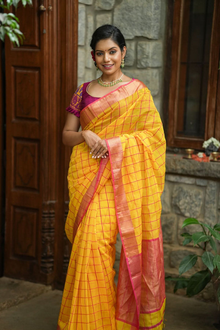 Handwoven Maheshwari Silk Cotton Saree  in Yellow and Gold with checks