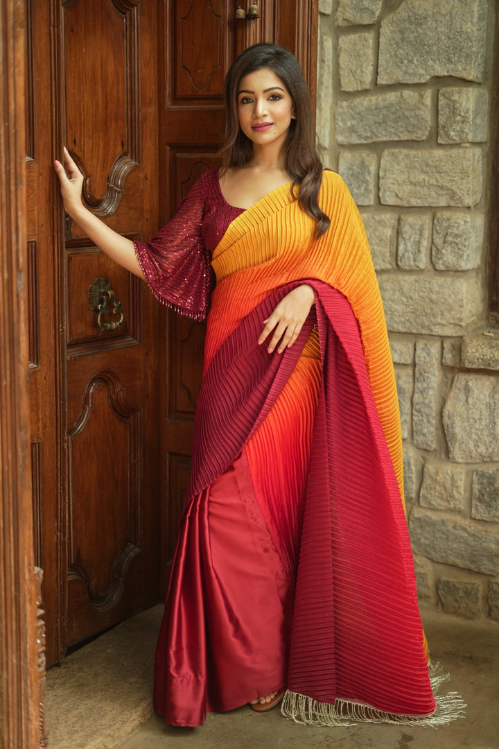Ombre Pleated Satin saree in Yellow, Orange and Red Gradient, No Blouse Piece