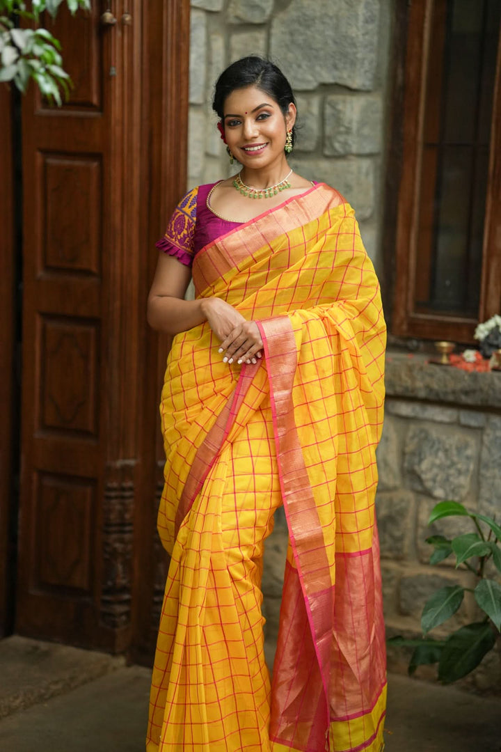 Handwoven Maheshwari Silk Cotton Saree  in Yellow and Gold with checks