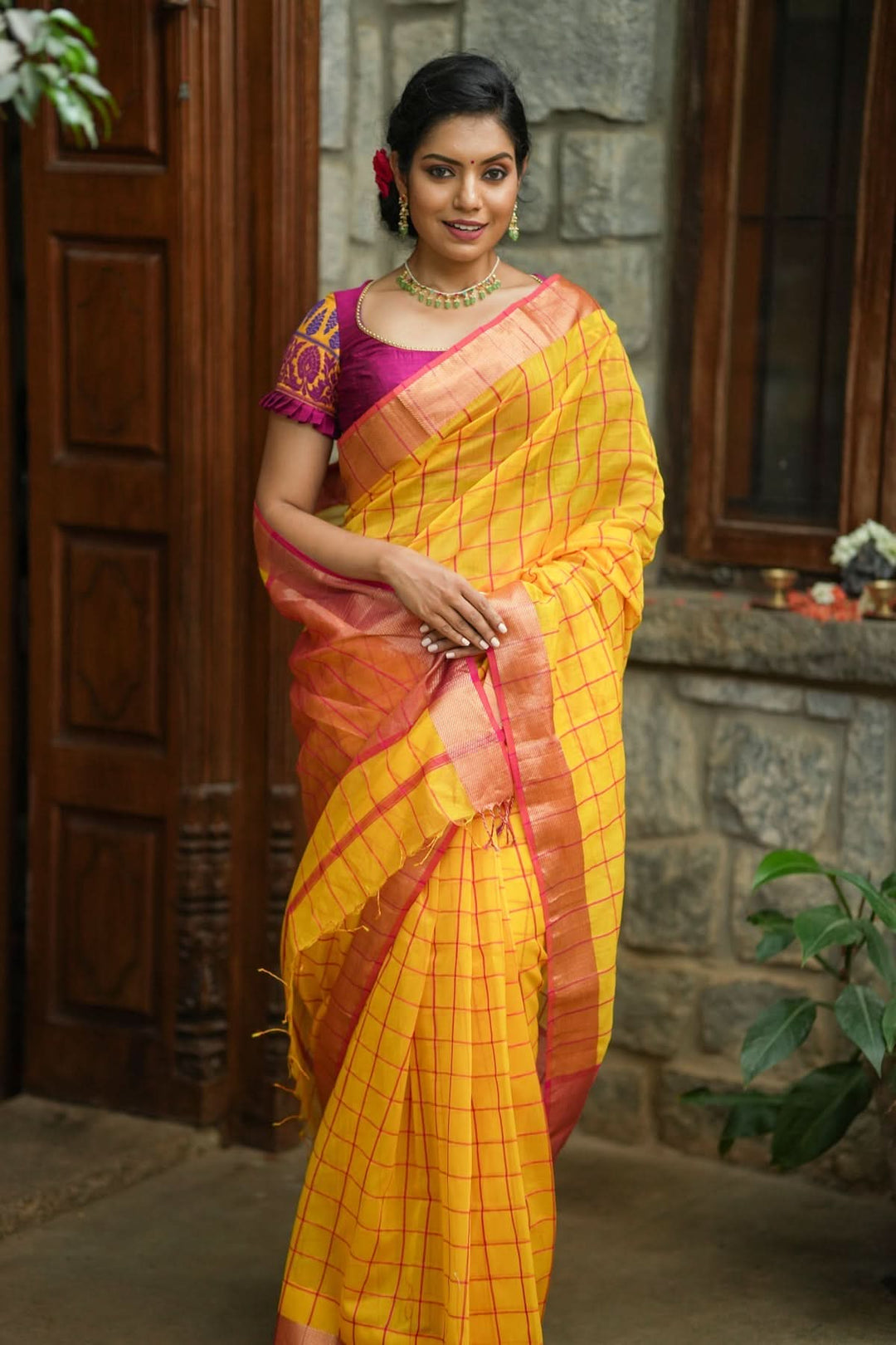 Handwoven Maheshwari Silk Cotton Saree  in Yellow and Gold with checks