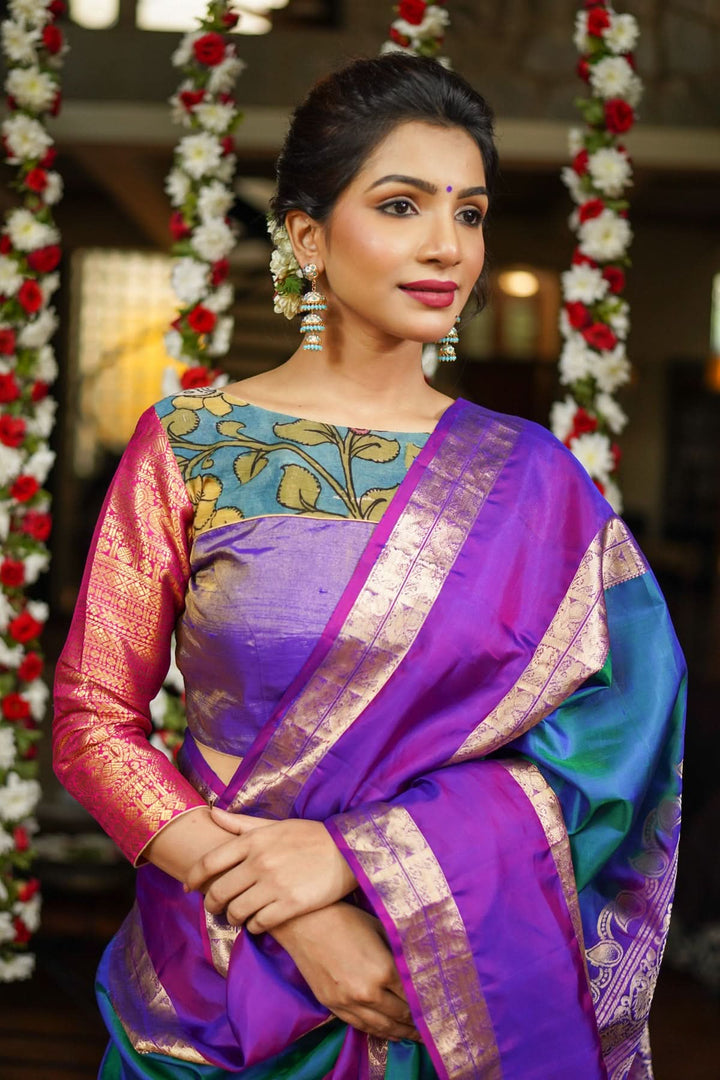 Purple  Silk Blouse with pen Kalamkari Yoke  Mix and Match Blouse for saree, Made to Order