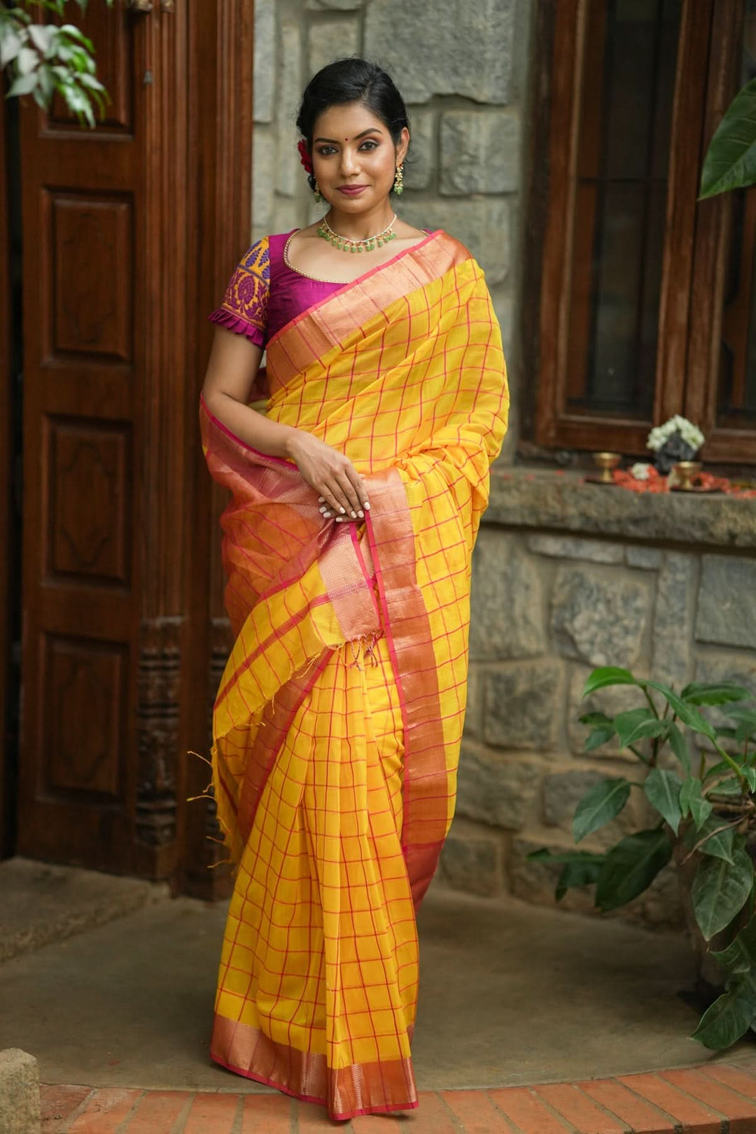 Handwoven Maheshwari Silk Cotton Saree  in Yellow and Gold with checks