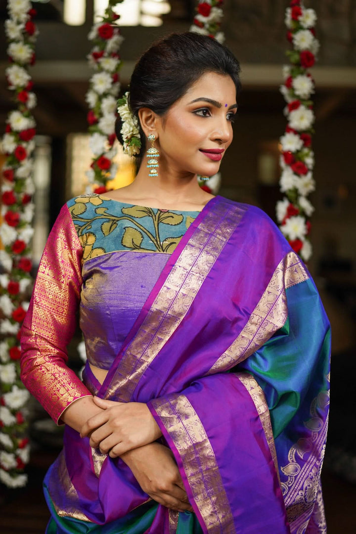 Purple  Silk Blouse with pen Kalamkari Yoke  Mix and Match Blouse for saree, Made to Order