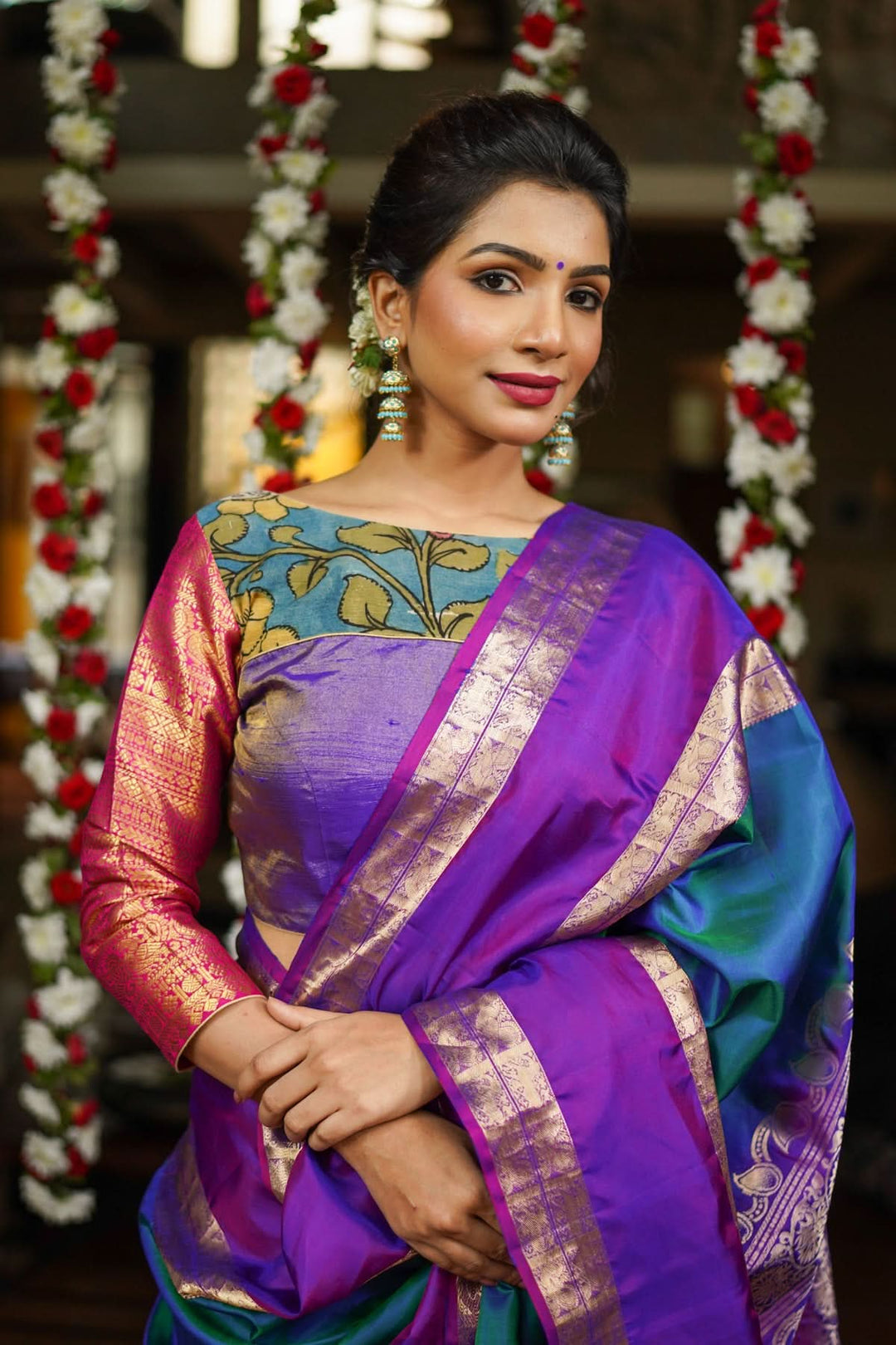 Purple  Silk Blouse with pen Kalamkari Yoke  Mix and Match Blouse for saree, Made to Order