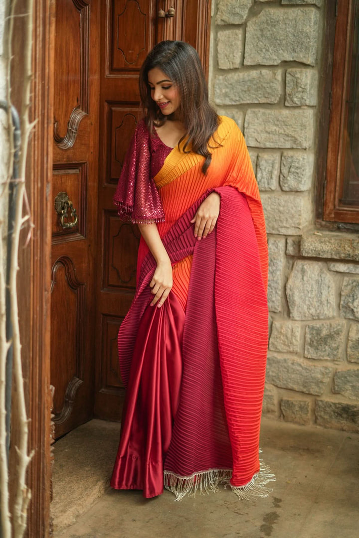 Ombre Pleated Satin saree in Yellow, Orange and Red Gradient, No Blouse Piece