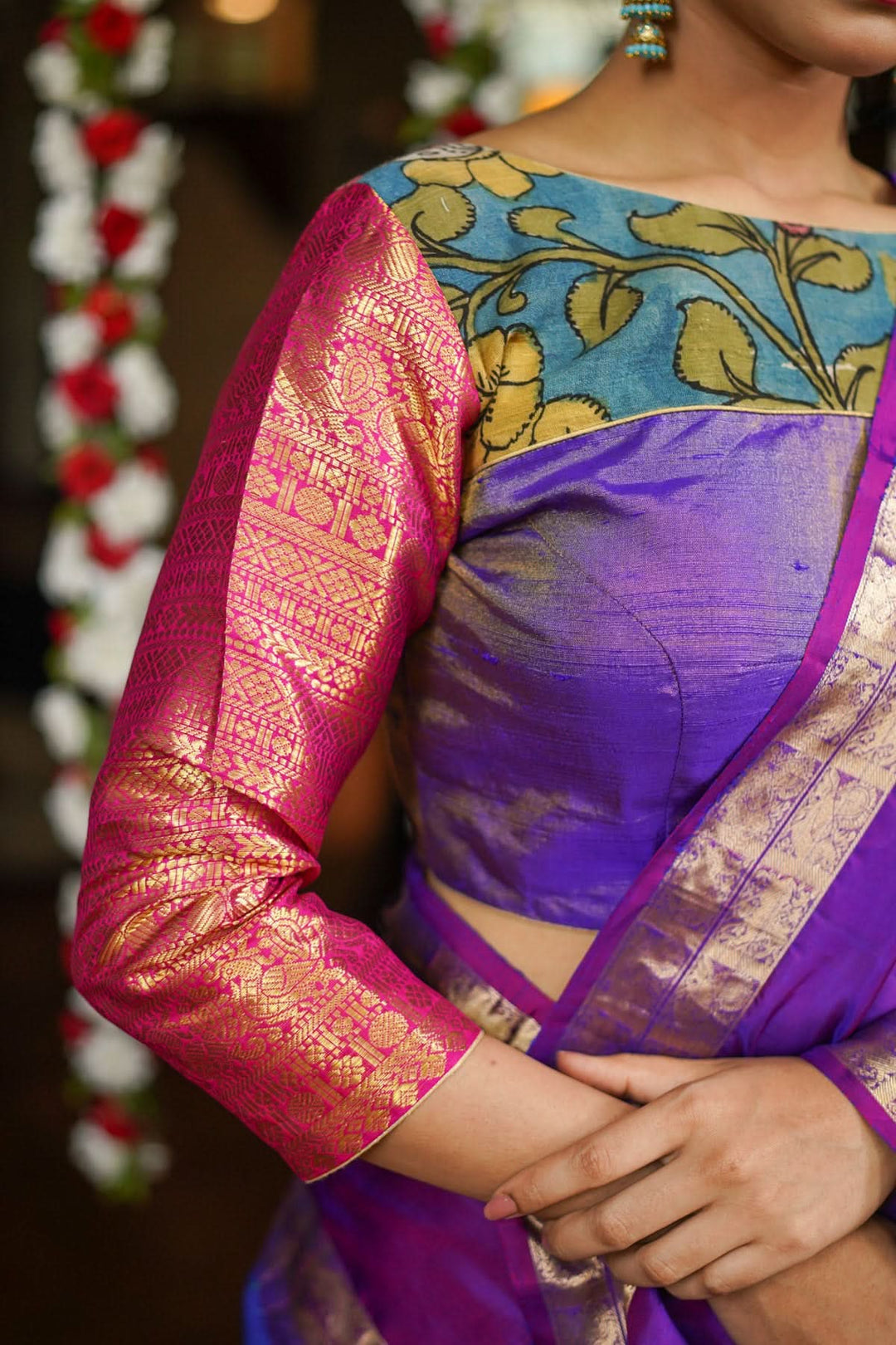 Purple  Silk Blouse with pen Kalamkari Yoke  Mix and Match Blouse for saree, Made to Order