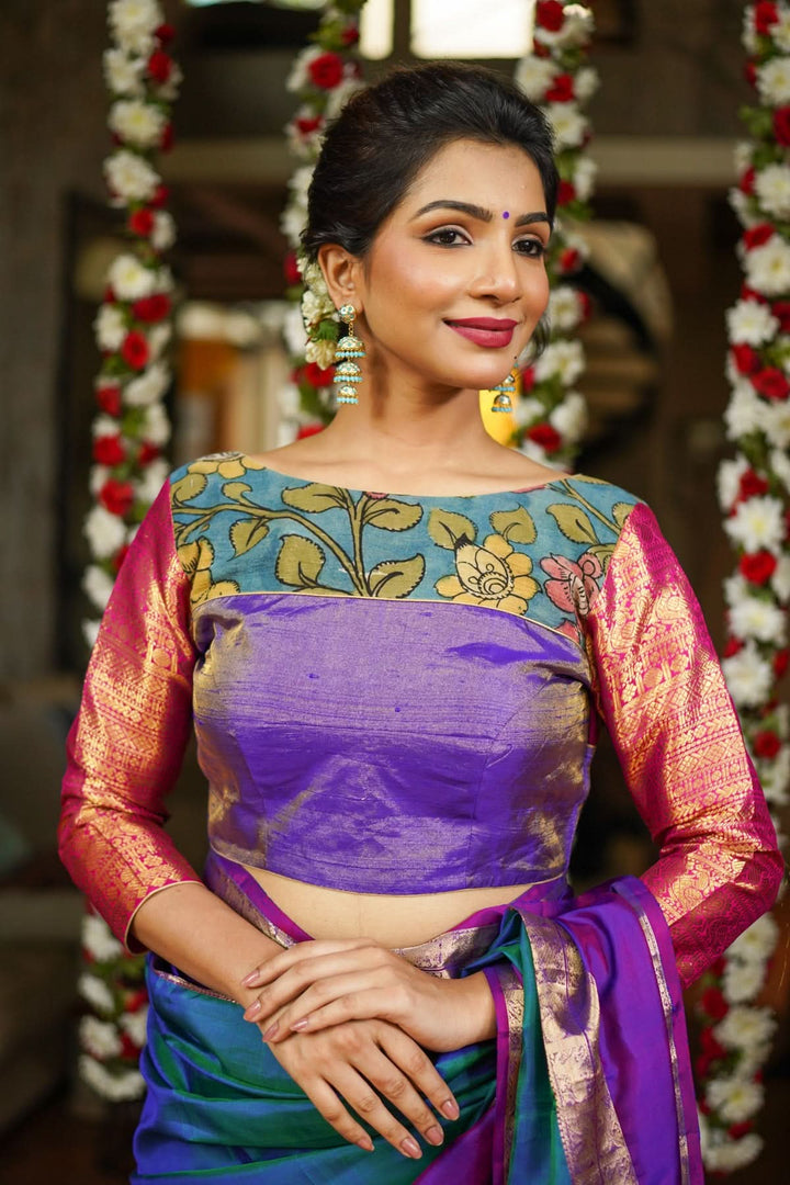 Purple  Silk Blouse with pen Kalamkari Yoke  Mix and Match Blouse for saree, Made to Order