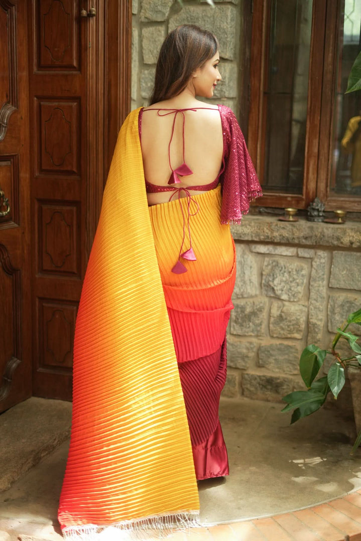 Ombre Pleated Satin saree in Yellow, Orange and Red Gradient, No Blouse Piece