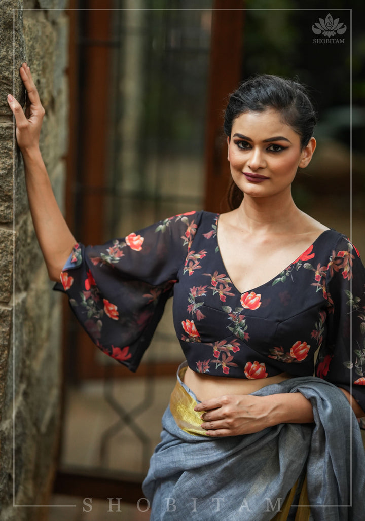 Bell Sleeves Georgette Blouse / Crop Top  in Black and Red