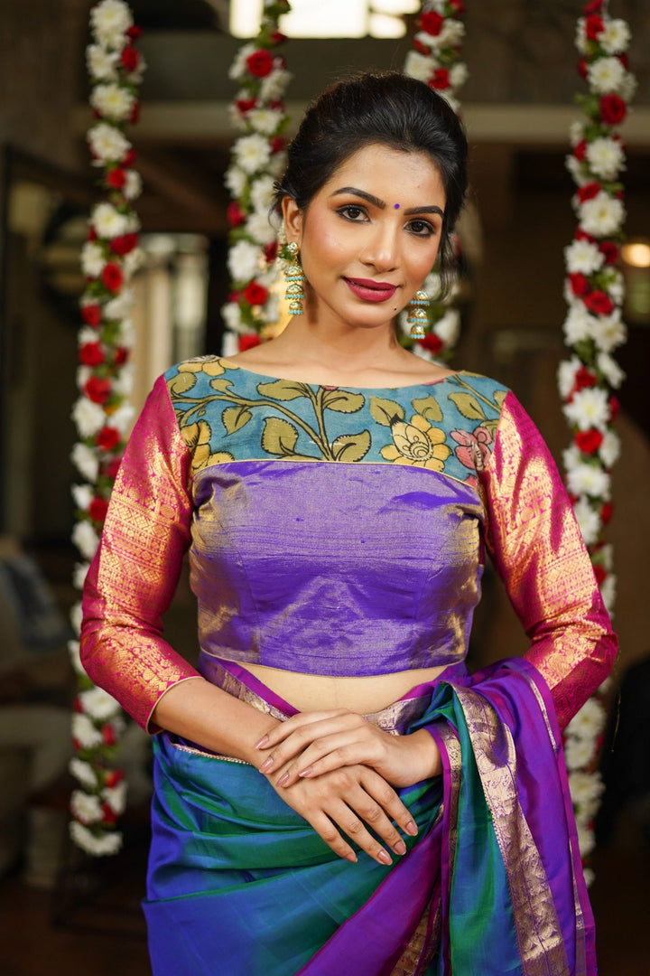 Purple  Silk Blouse with pen Kalamkari Yoke  Mix and Match Blouse for saree, Made to Order