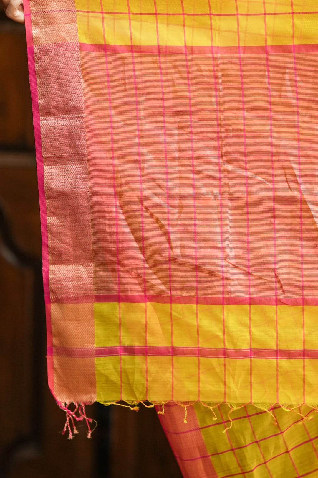 Handwoven Maheshwari Silk Cotton Saree  in Yellow and Gold with checks