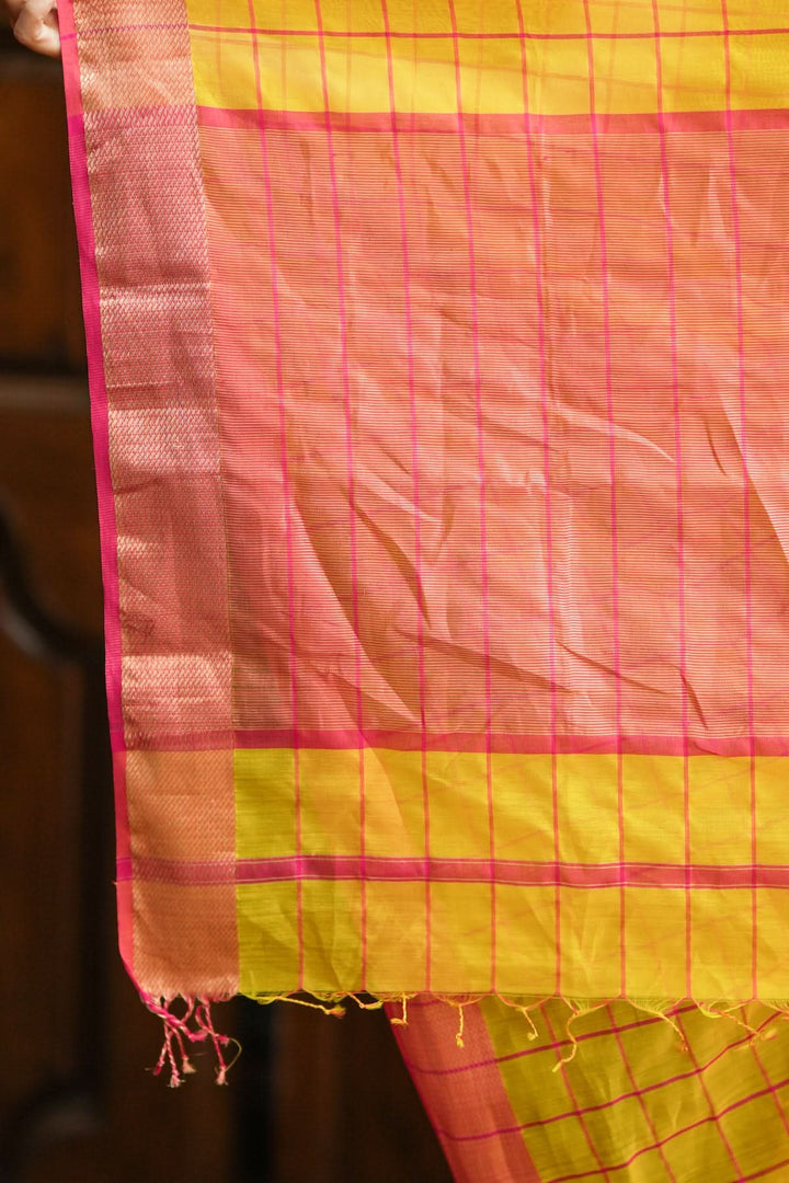 Handwoven Maheshwari Silk Cotton Saree  in Yellow and Gold with checks