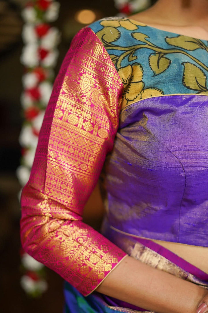 Purple  Silk Blouse with pen Kalamkari Yoke  Mix and Match Blouse for saree, Made to Order