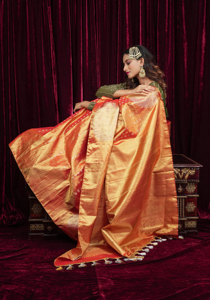 Exquisite Tissue Kanjivaram Pure Silk Saree in Red-Gold | SILK MARK CERTIFIED