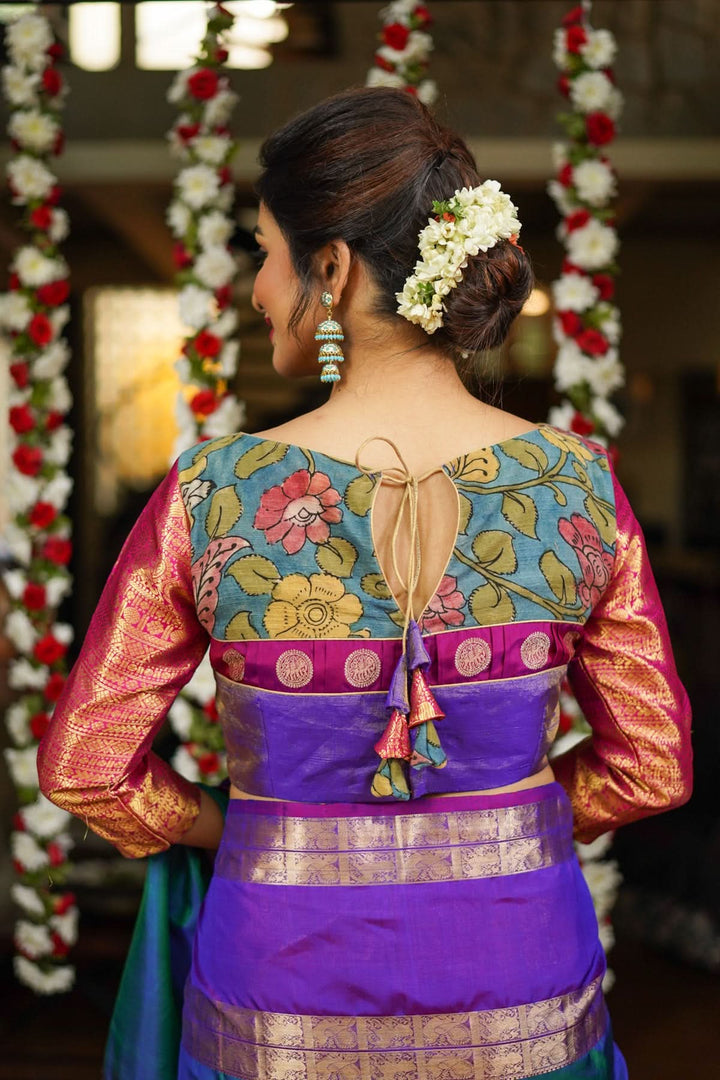 Purple  Silk Blouse with pen Kalamkari Yoke  Mix and Match Blouse for saree, Made to Order