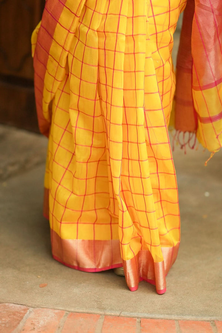 Handwoven Maheshwari Silk Cotton Saree  in Yellow and Gold with checks