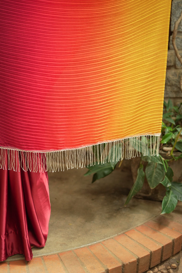 Ombre Pleated Satin saree in Yellow, Orange and Red Gradient, No Blouse Piece