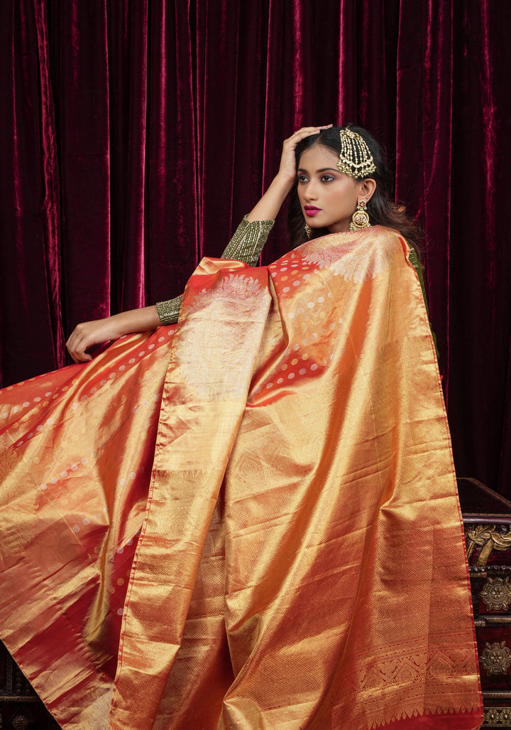 Exquisite Tissue Kanjivaram Pure Silk Saree in Red-Gold | SILK MARK CERTIFIED