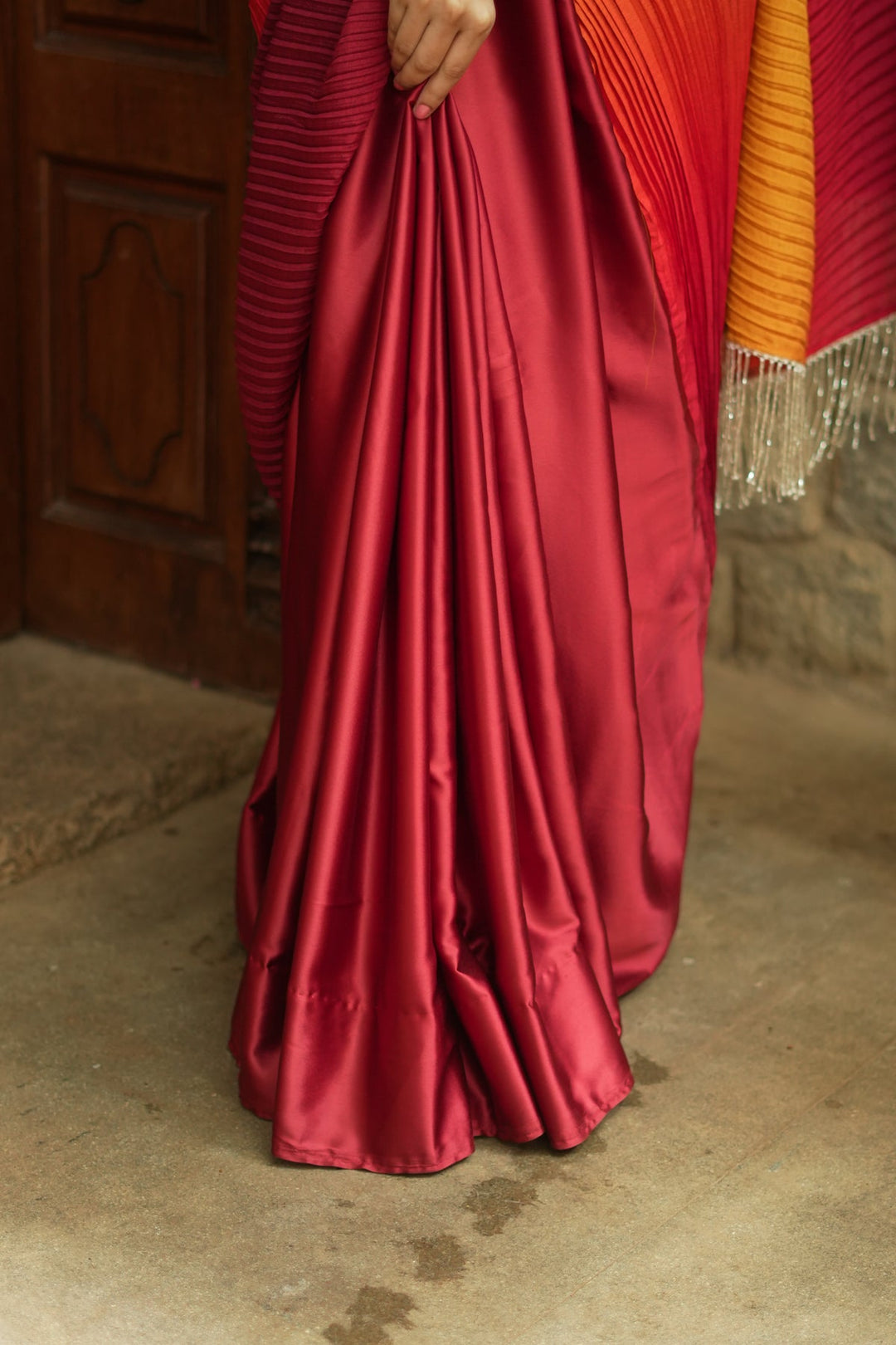 Ombre Pleated Satin saree in Yellow, Orange and Red Gradient, No Blouse Piece