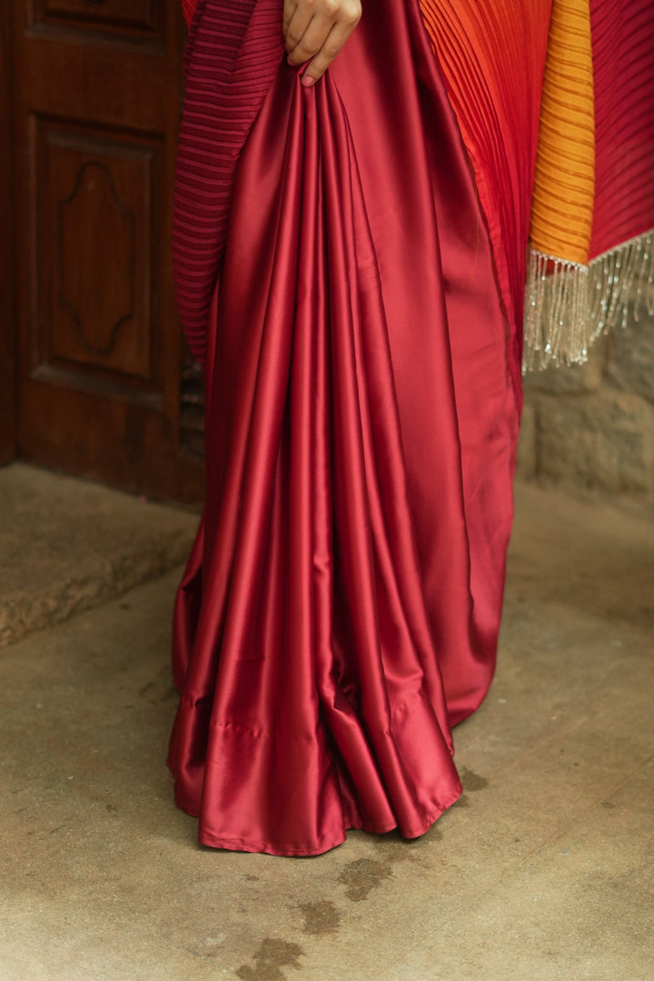 Ombre Pleated Satin saree in Yellow, Orange and Red Gradient, No Blouse Piece