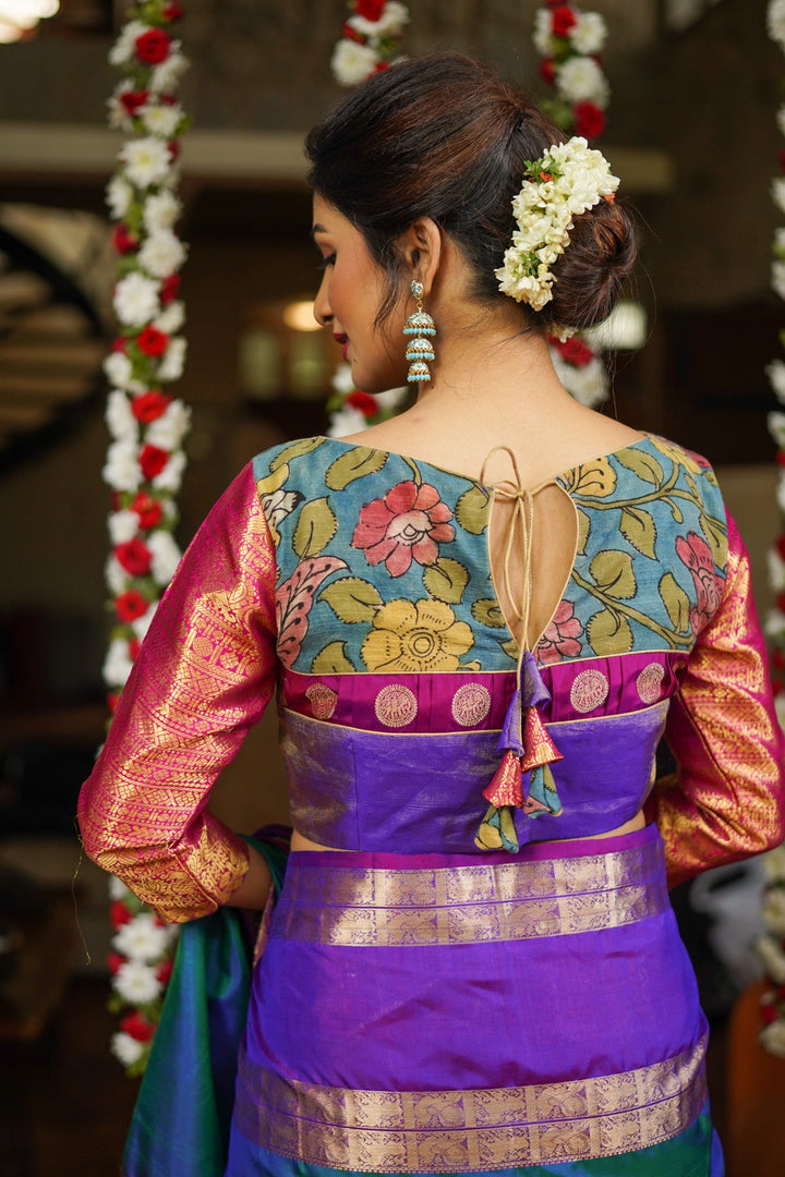Purple  Silk Blouse with pen Kalamkari Yoke  Mix and Match Blouse for saree, Made to Order