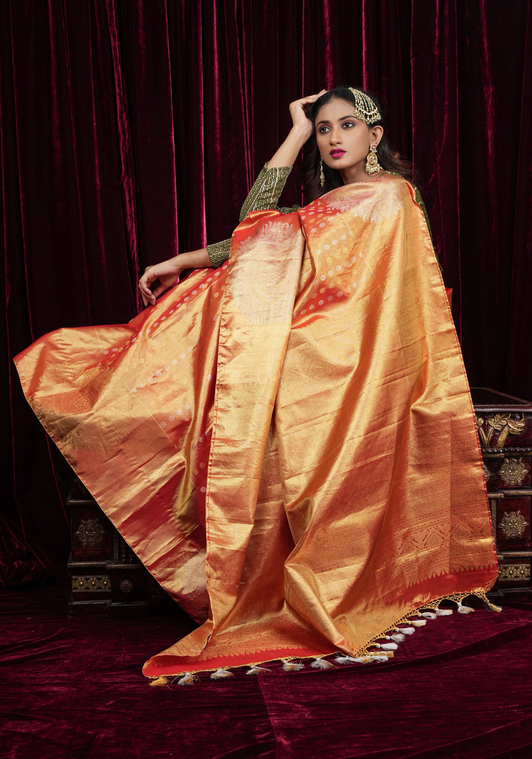 Exquisite Tissue Kanjivaram Pure Silk Saree in Red-Gold | SILK MARK CERTIFIED