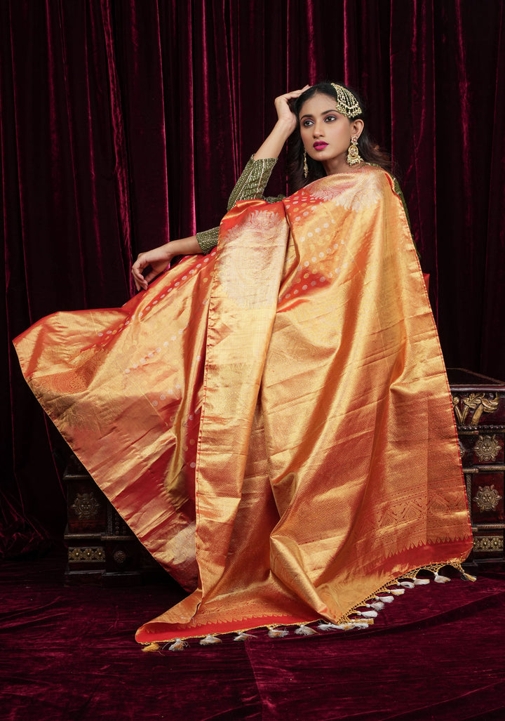 Exquisite Tissue Kanjivaram Pure Silk Saree in Red-Gold | SILK MARK CERTIFIED