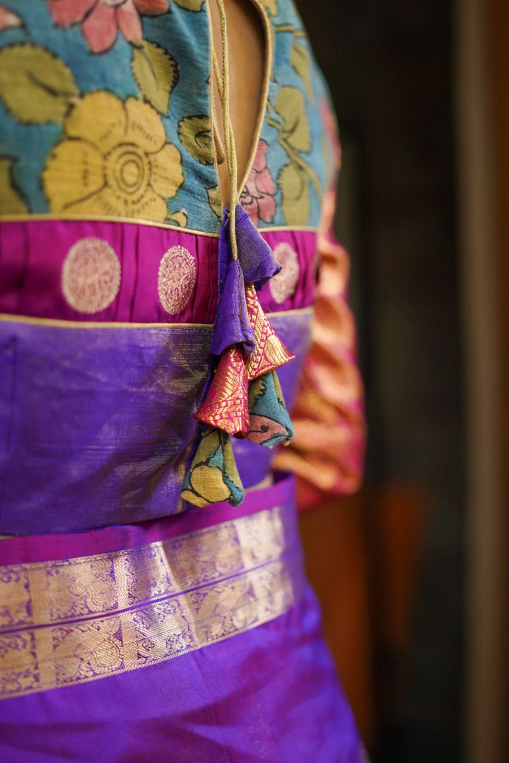 Purple  Silk Blouse with pen Kalamkari Yoke  Mix and Match Blouse for saree, Made to Order
