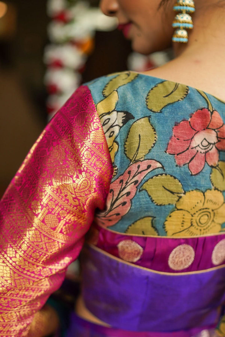 Purple  Silk Blouse with pen Kalamkari Yoke  Mix and Match Blouse for saree, Made to Order