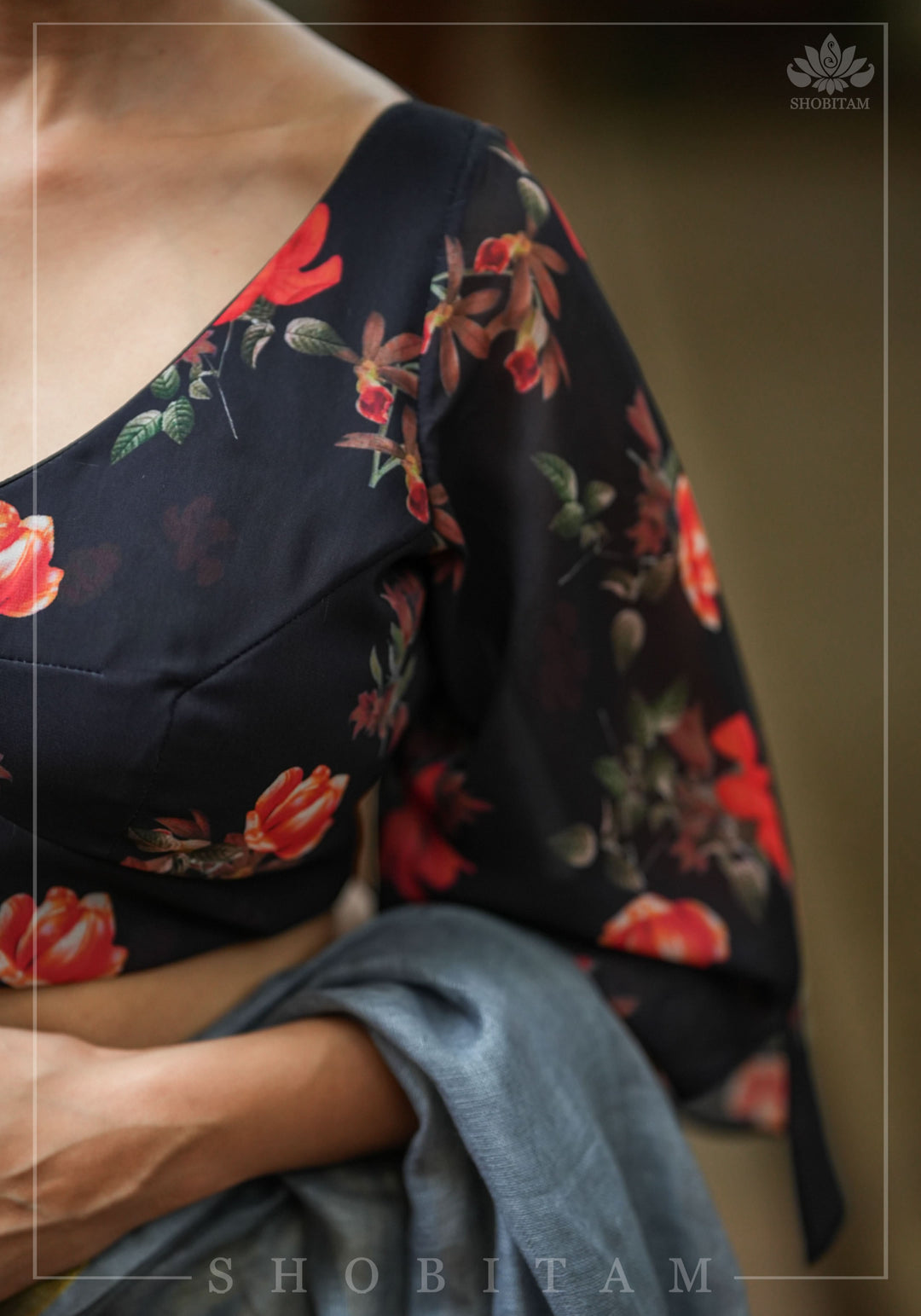 Bell Sleeves Georgette Blouse / Crop Top  in Black and Red