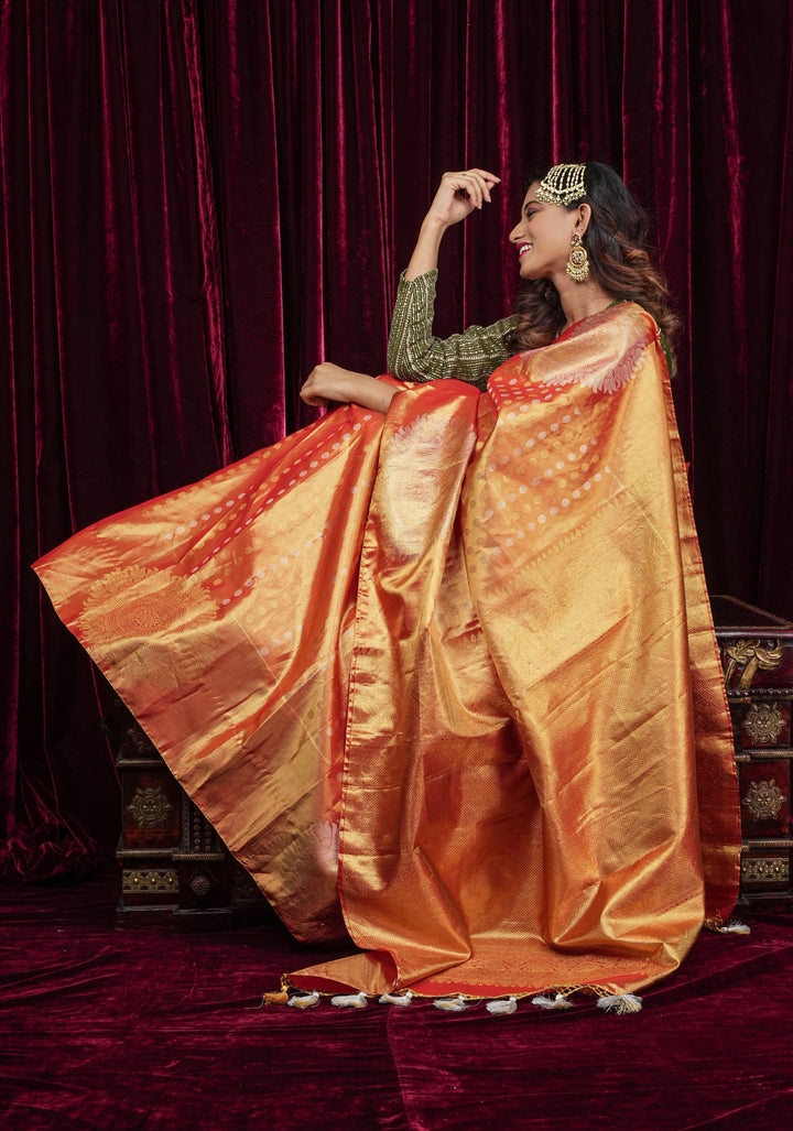 Exquisite Tissue Kanjivaram Pure Silk Saree in Red-Gold | SILK MARK CERTIFIED