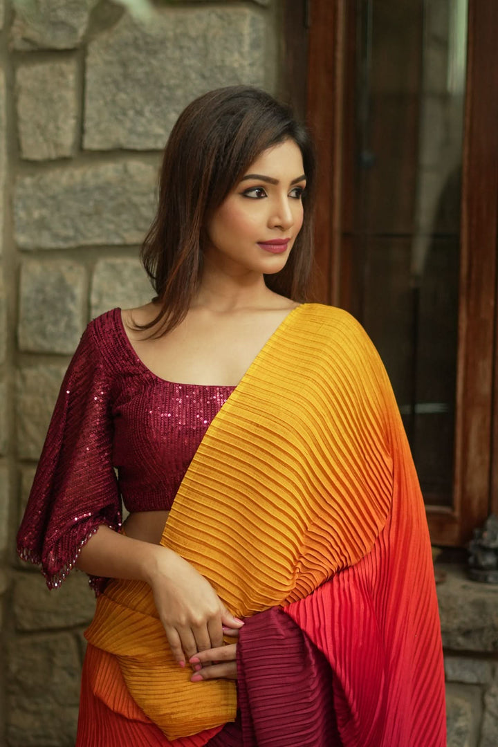 Ombre Pleated Satin saree in Yellow, Orange and Red Gradient, No Blouse Piece