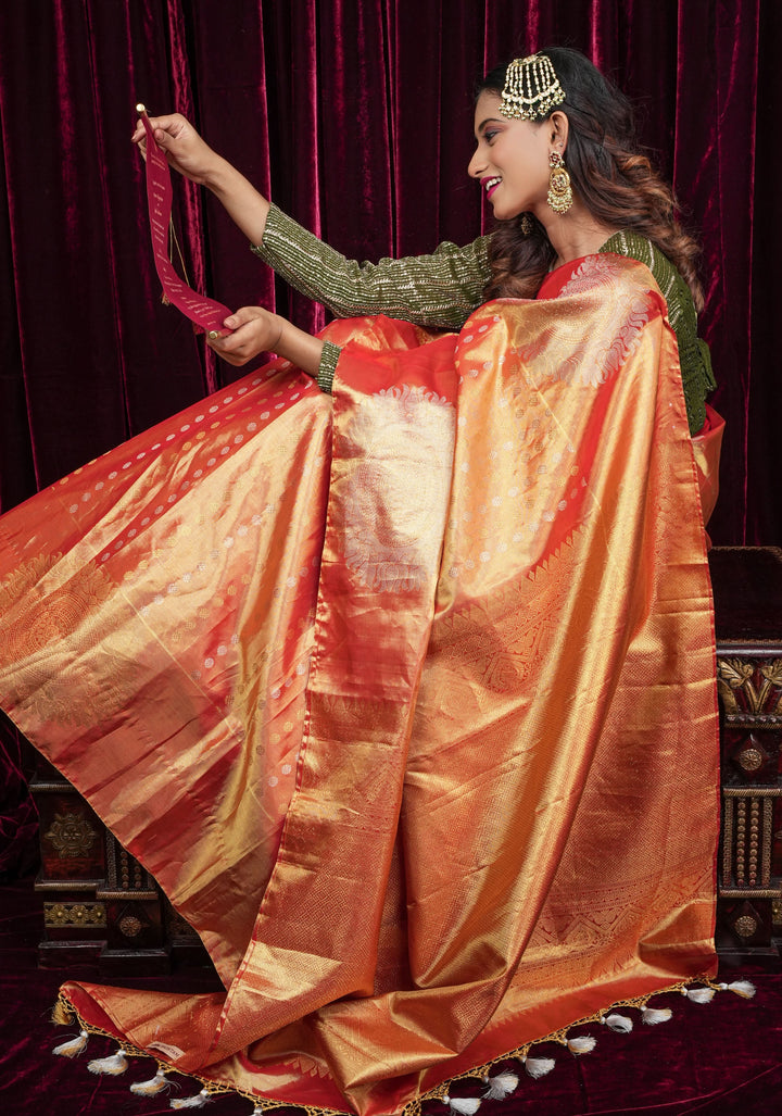 Exquisite Tissue Kanjivaram Pure Silk Saree in Red-Gold | SILK MARK CERTIFIED