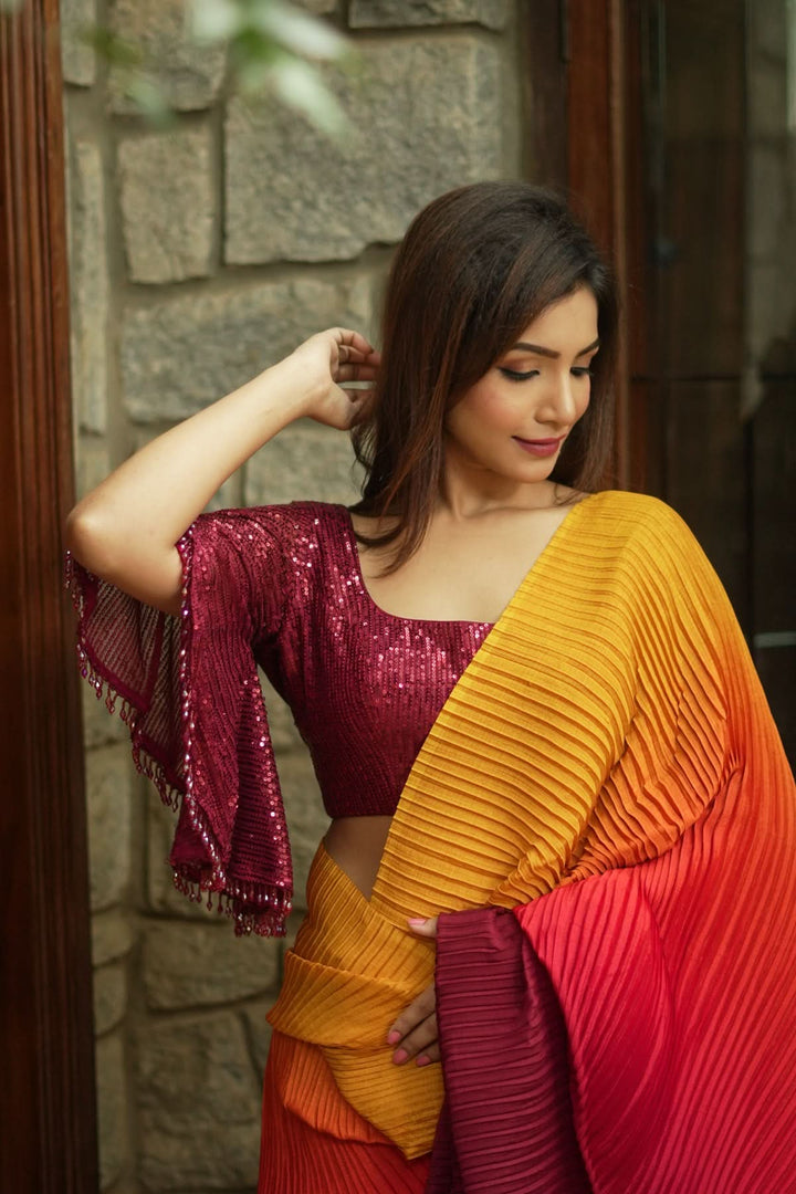 Ombre Pleated Satin saree in Yellow, Orange and Red Gradient, No Blouse Piece