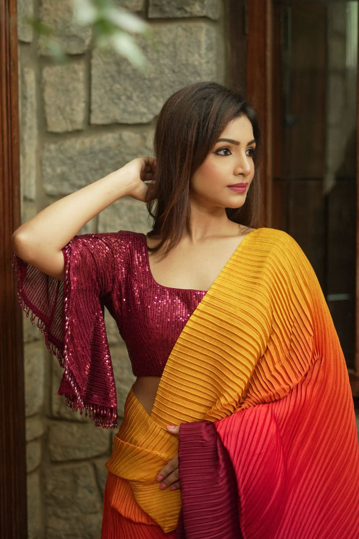 Ombre Pleated Satin saree in Yellow, Orange and Red Gradient, No Blouse Piece