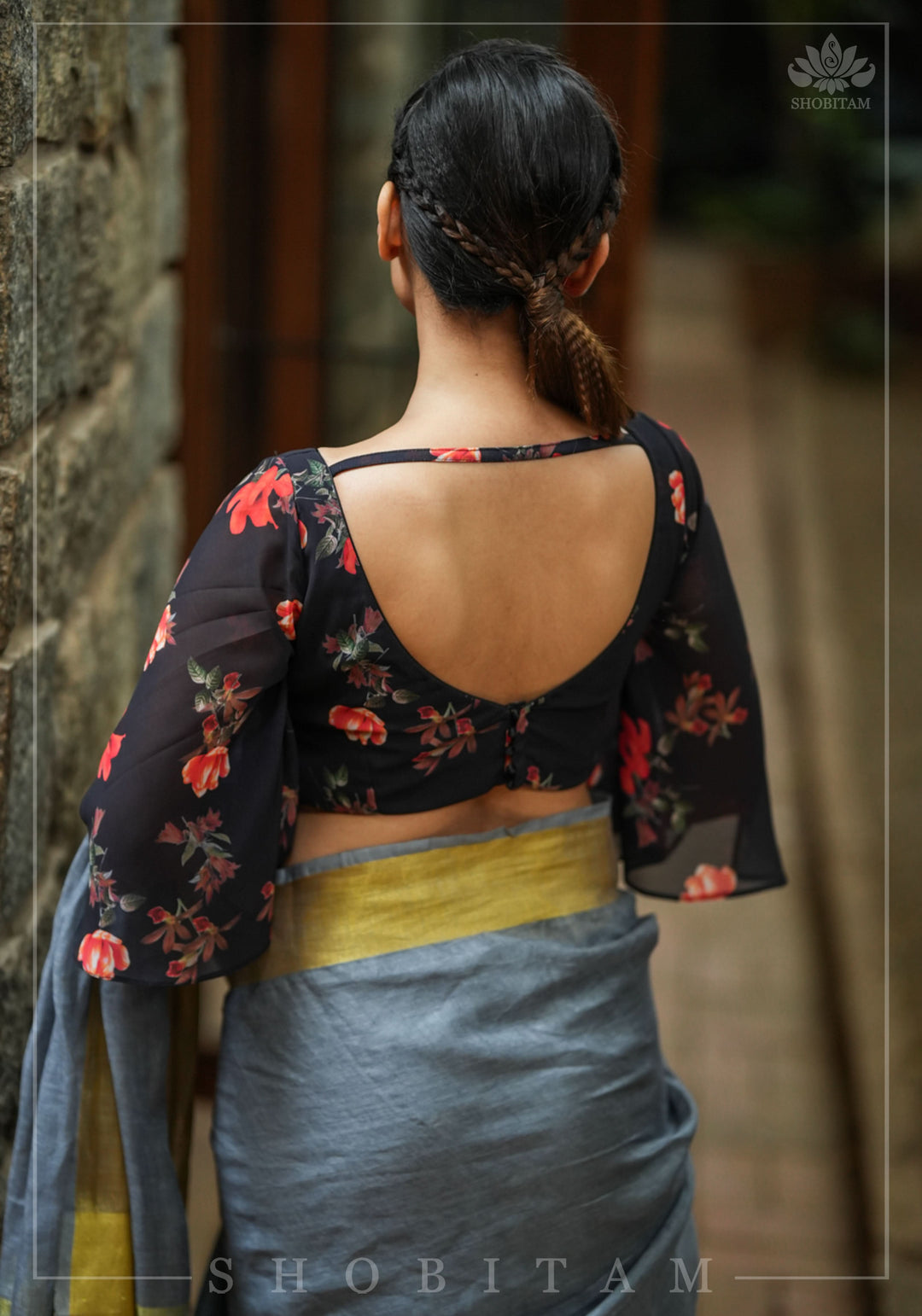 Bell Sleeves Georgette Blouse / Crop Top  in Black and Red