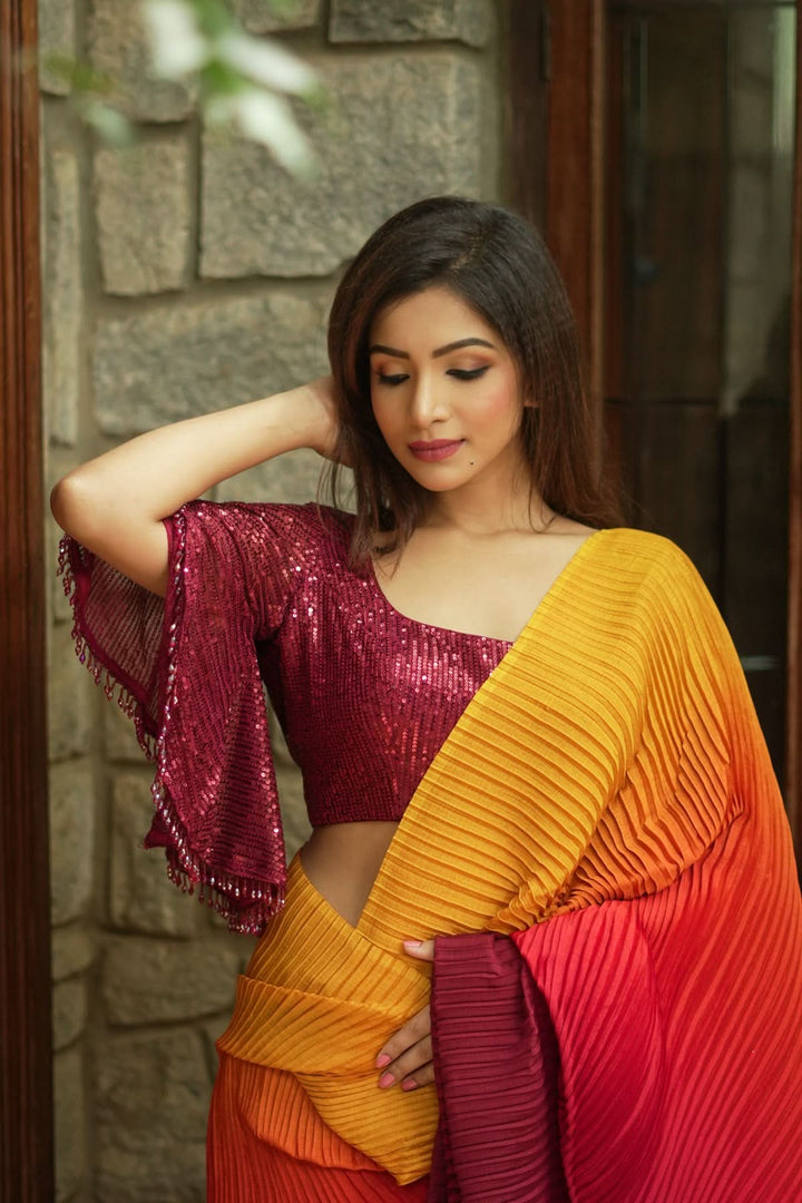 Ombre Pleated Satin saree in Yellow, Orange and Red Gradient, No Blouse Piece
